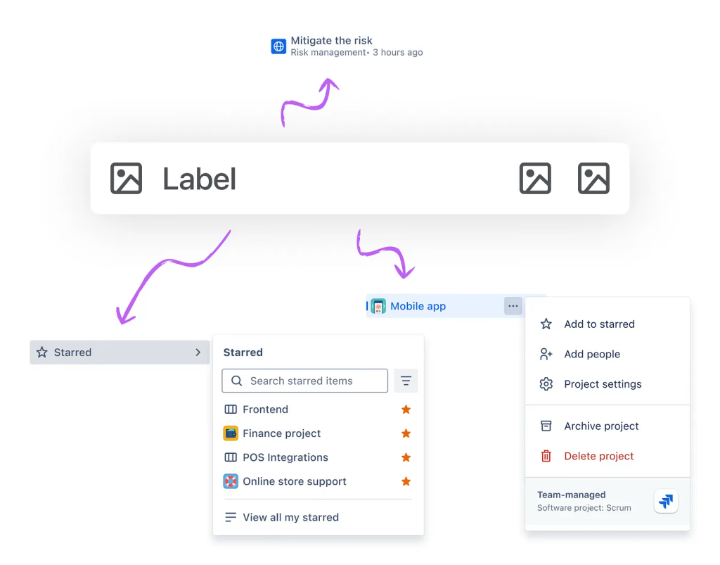 Navigation label component with annotations pointing to starred and project menus