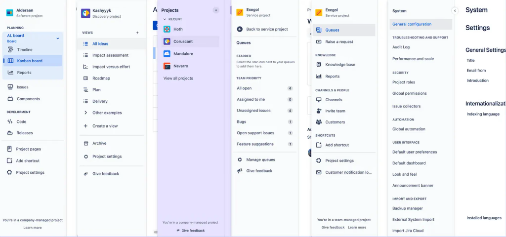 Six divergent Jira sidebars side by side, each with different structures