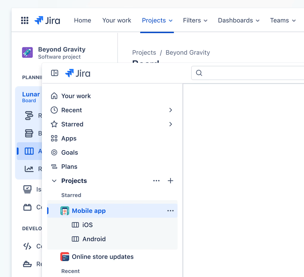 Jira top bar with Home, Your work, Projects, Filters, Dashboards and Teams